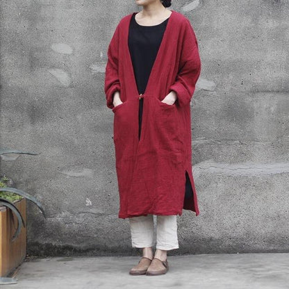 Buddha Trends Cardigans One Size / Red Long Cotton and Linen Cardigan  | Zen