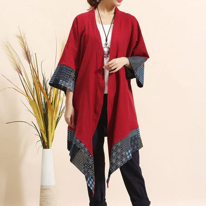Buddha Trends Cardigans Red And Grey / One Size Cotton and Linen Lightweight Cardigan