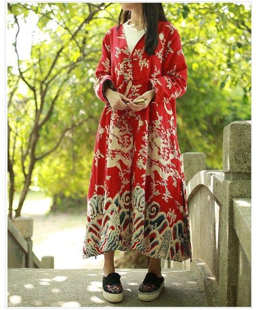 Buddha Trends Cardigans Red / One Size Chinese Dragon Cotton Linen Long Cardigan