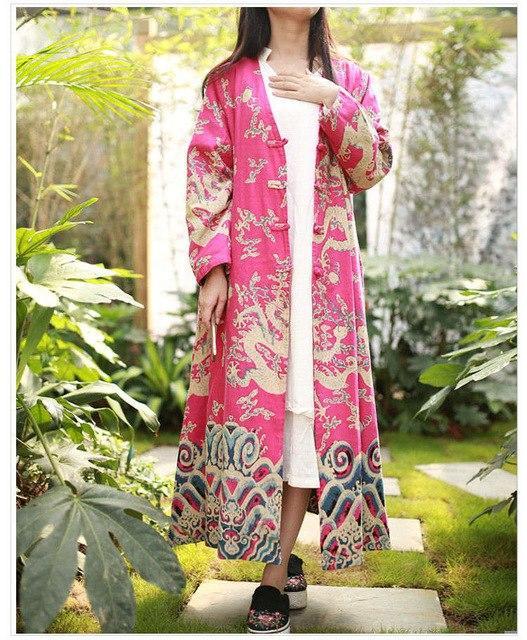 Buddha Trends Cardigans Rose / One Size Chinese Dragon Cotton Linen Long Cardigan