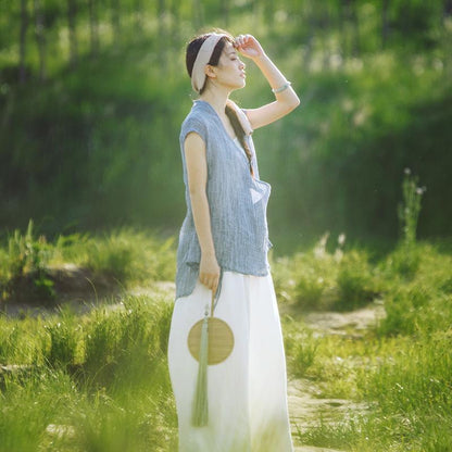 Buddha Trends Cardigans Short Sleeve Blue Wrap Linen Cardigan  | Zen