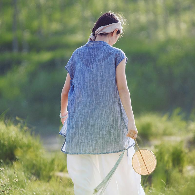 Buddha Trends Cardigans Short Sleeve Blue Wrap Linen Cardigan  | Zen