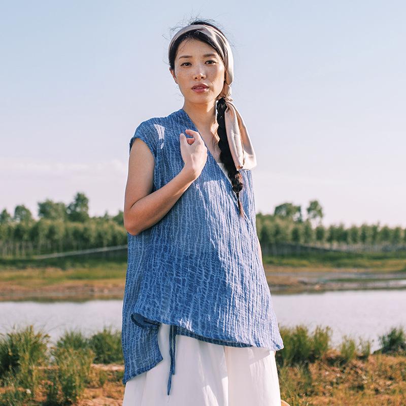 Buddha Trends Cardigans Short Sleeve Blue Wrap Linen Cardigan  | Zen