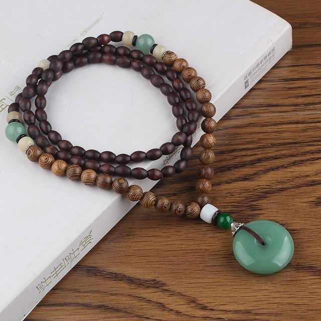 Buddha Trends Circle Pendent Wooden Mala Beads Necklace