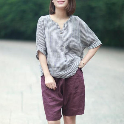 Buddha Trends Cotton and Linen Casual Striped Blouse  | Zen