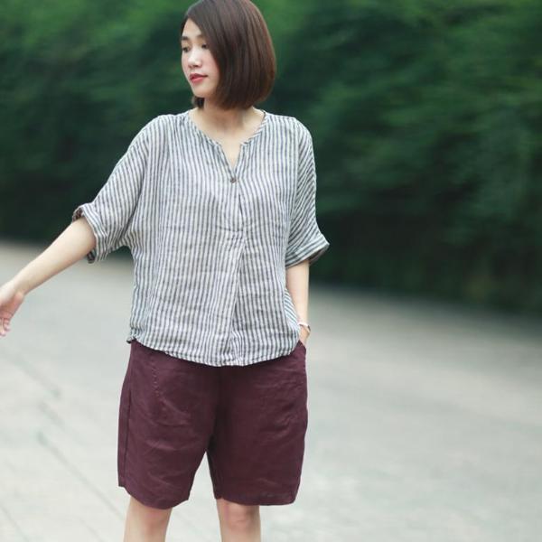 Buddha Trends Cotton and Linen Casual Striped Blouse  | Zen