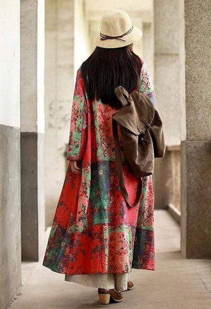 Cotton and Linen Mandarin Collar Floral Coat