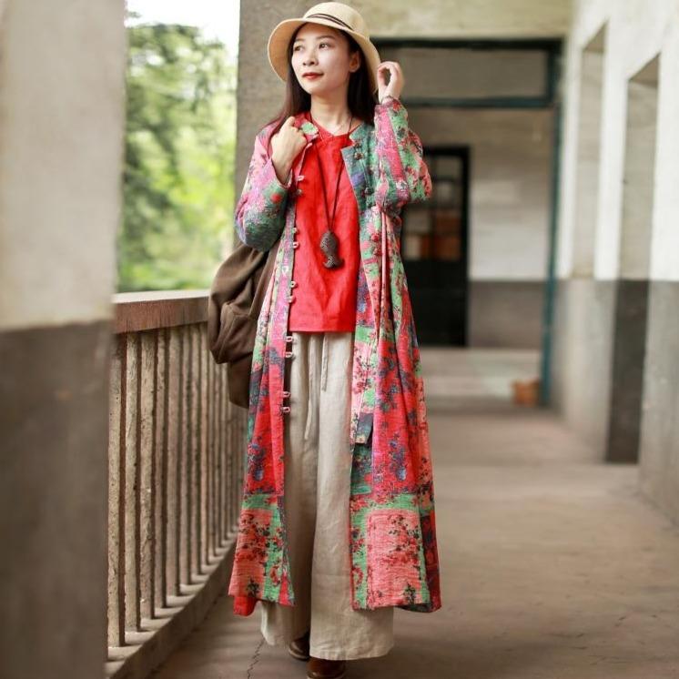 Cotton and Linen Mandarin Collar Floral Coat