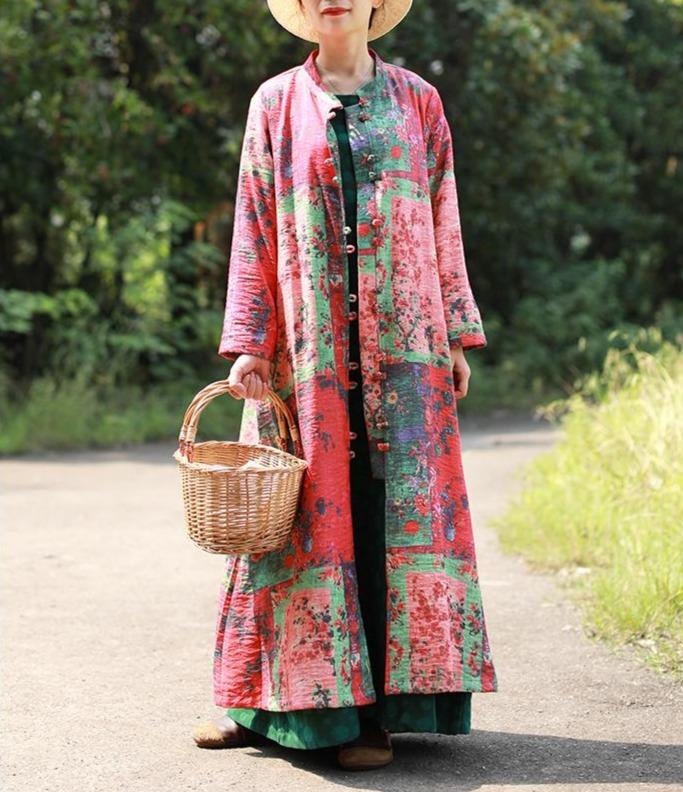 Cotton and Linen Mandarin Collar Floral Coat