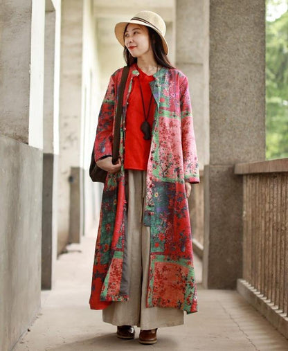 Cotton and Linen Mandarin Collar Floral Coat