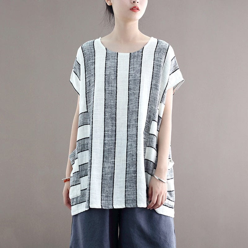 Buddha Trends Cotton and Linen Oversized Striped T-Shirt