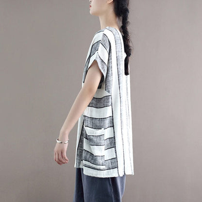 Buddha Trends Cotton and Linen Oversized Striped T-Shirt