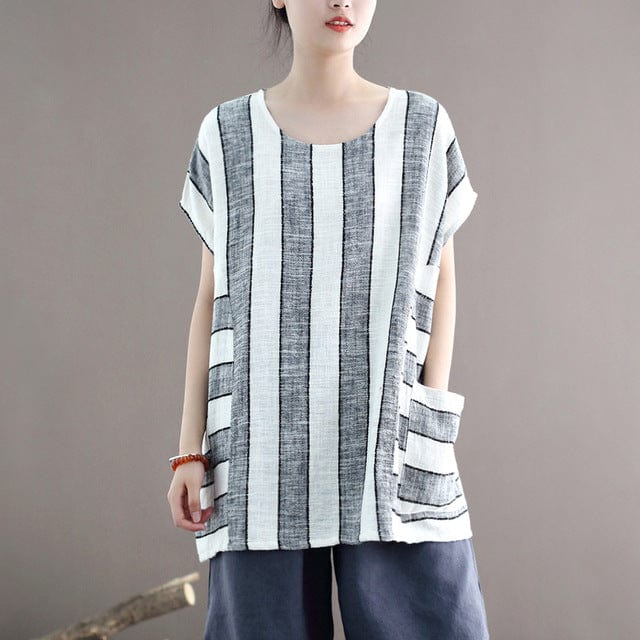 Buddha Trends Cotton and Linen Oversized Striped T-Shirt