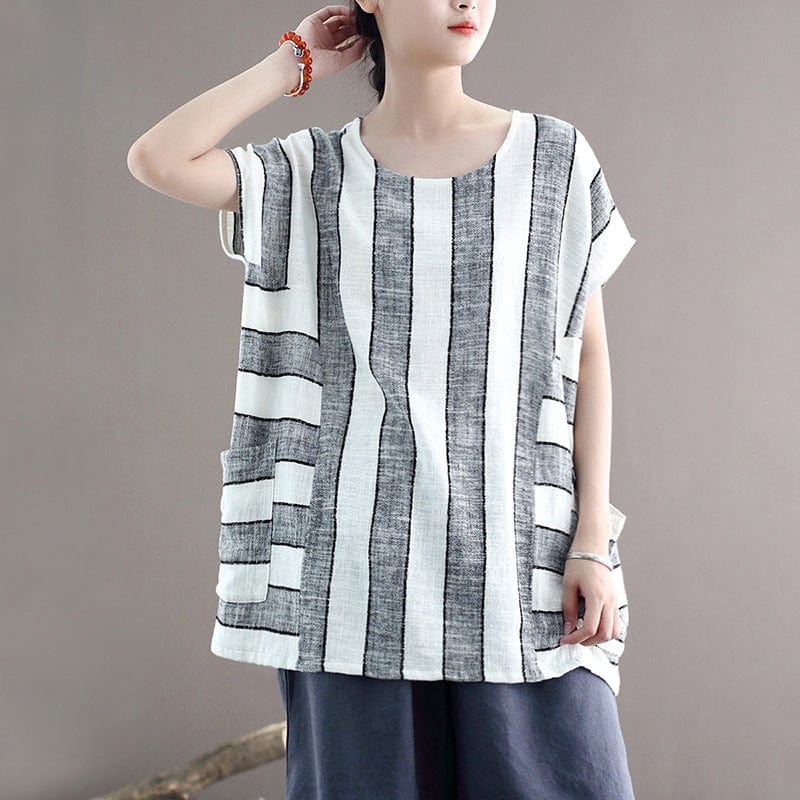 Buddha Trends Cotton and Linen Oversized Striped T-Shirt