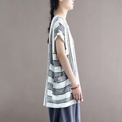 Buddha Trends Cotton and Linen Oversized Striped T-Shirt