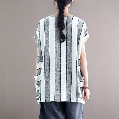 Buddha Trends Cotton and Linen Oversized Striped T-Shirt