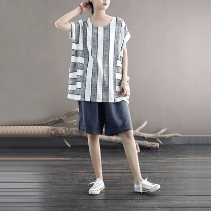 Buddha Trends Cotton and Linen Oversized Striped T-Shirt