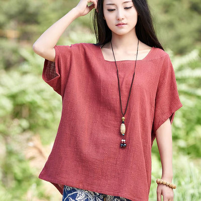 Buddha Trends dark red / One Size Square Neck Linen T-Shirt  | Zen