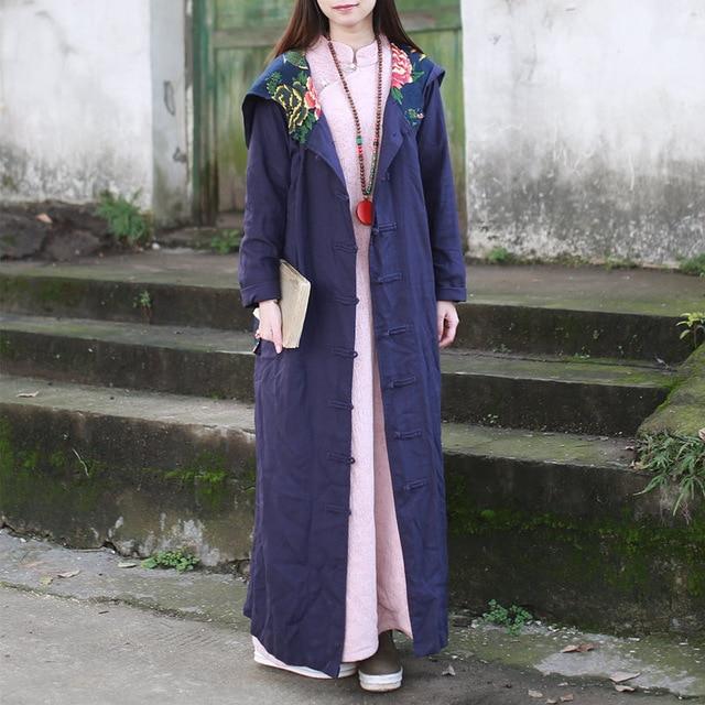 Buddha Trends Deep Blue / One Size Floral Patchwork Hooded Linen Trench Coat