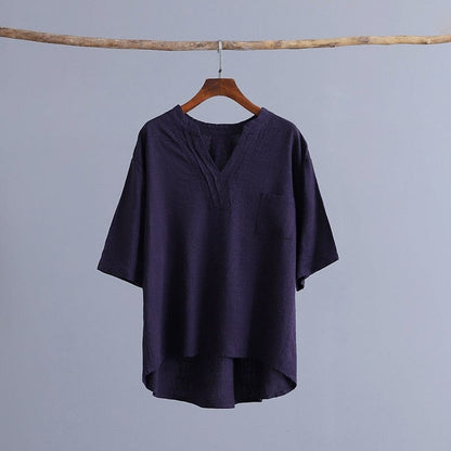 Buddha Trends Deep Blue / One Size Petite Cotton Linen T-Shirt With Pockets  | Zen