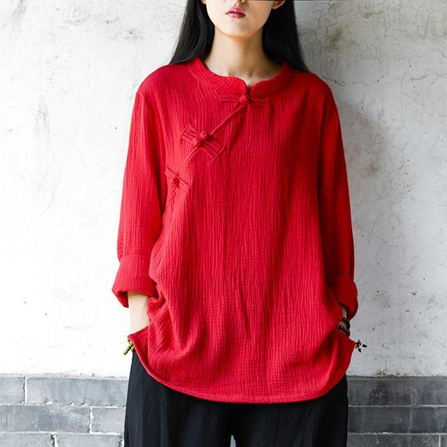 Buddha Trends Deep Red / One Size 3/4 Sleeve Traditional Chinese Cotton and Linen Blouse  | Zen