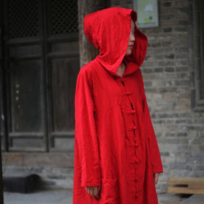 Buddha Trends Deep Red / One Size Vivid Linen Hooded Trench Coat | Zen