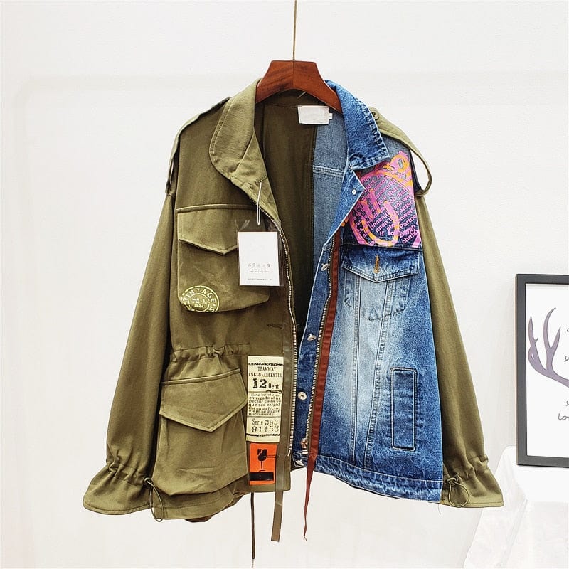 Buddha Trends Denim &amp; Army Green / S Half and Half Denim Army Jacket | Millennials