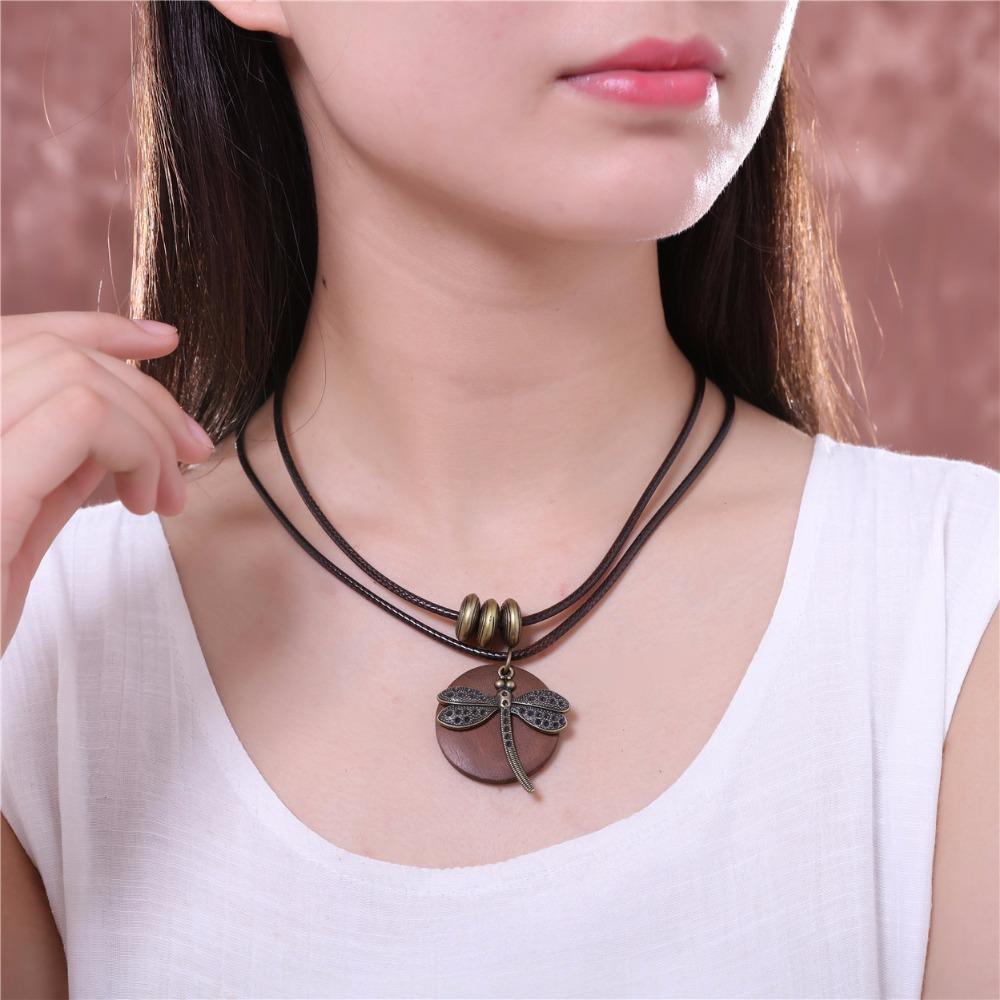 Buddha Trends Dragonfly Beaded Geometric Wooden Pendant Necklace