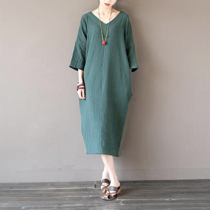 Buddha Trends Dress army green / XL O-Neck Midi Cotton Linen Dress | Lotus