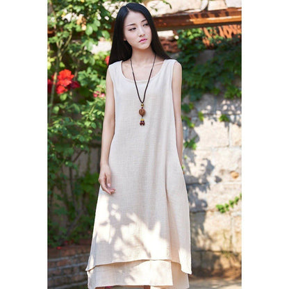 Buddha Trends Dress Beige / S Casual Sleeveless Linen Dress  | Zen