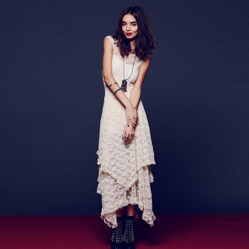Layered Irregular Lace Bohemian Dress Beige / S Layered Irregular Lace Bohemian Dress Beige / S