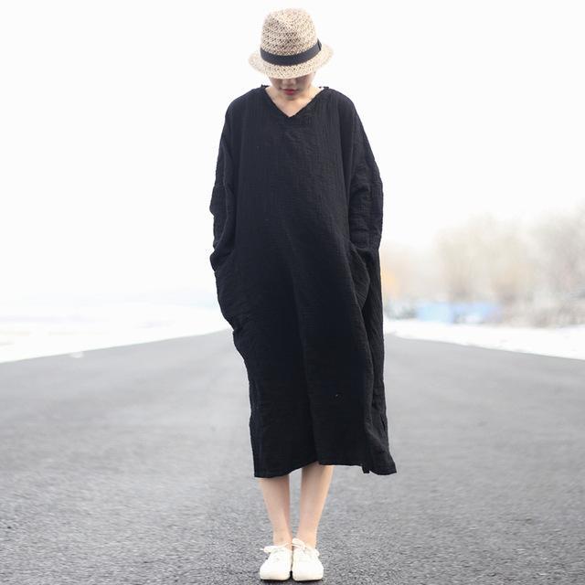 Buddha Trends Dress Black / One Size Casual Cotton Linen Loose V-Neck Shirt Dress