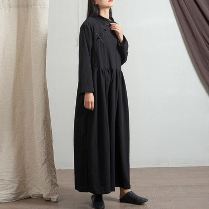 Buddha Trends Dress Black / One Size Chinese Mandarin Collar Linen Dress  | Zen