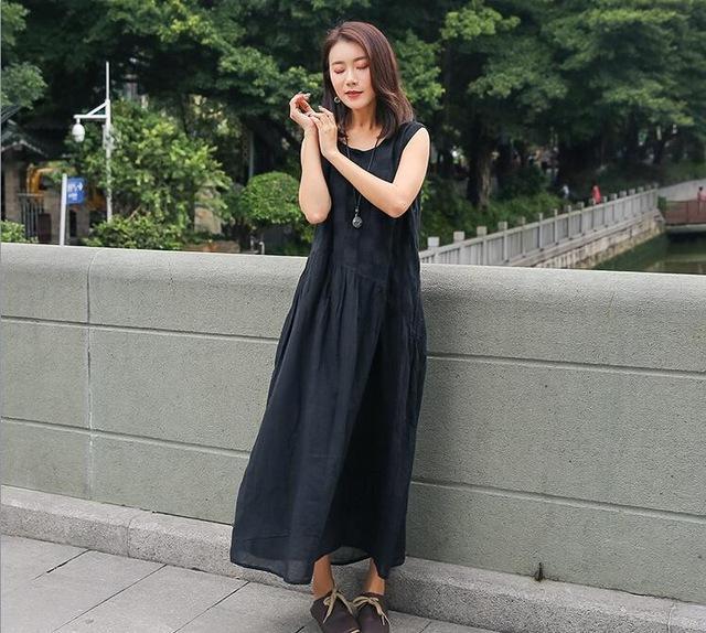 Buddha Trends Dress Black / One Size Cotton Linen Sleeveless Casual Dresses