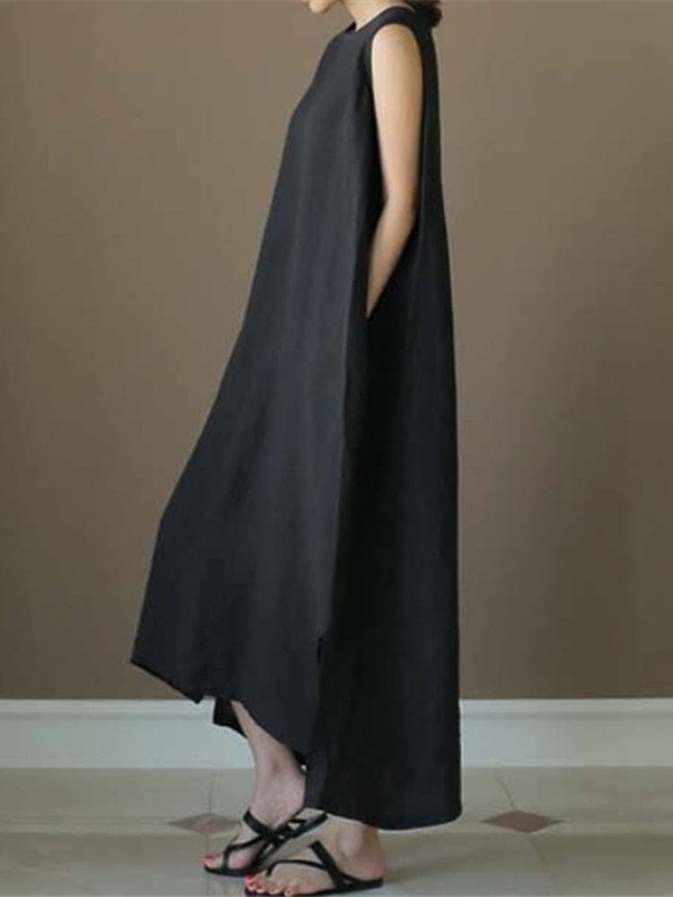Buddha Trends Dress black / One Size Natural Asymmetry Cotton Linen Dress  | Zen