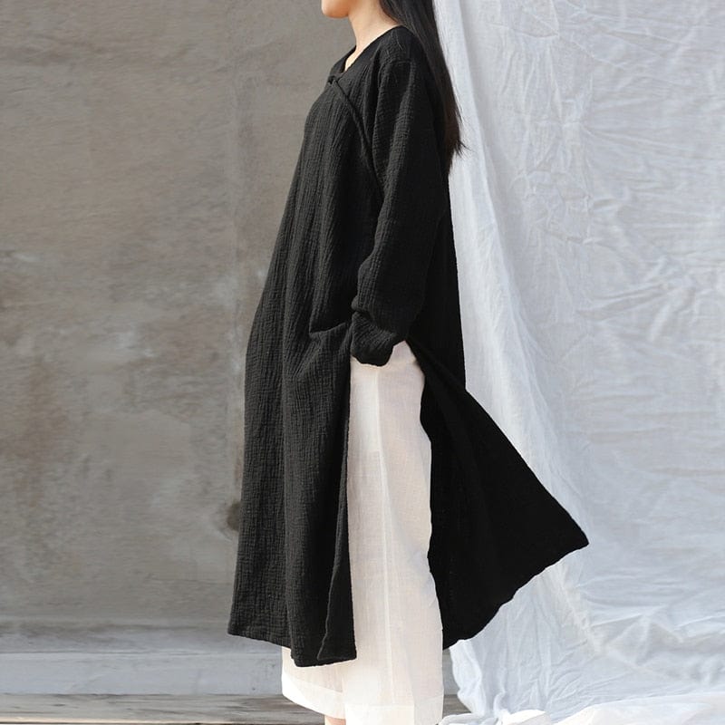 Buddha Trends Dress Black / One Size Oversized Cotton Linen Tunic Dress  | Zen