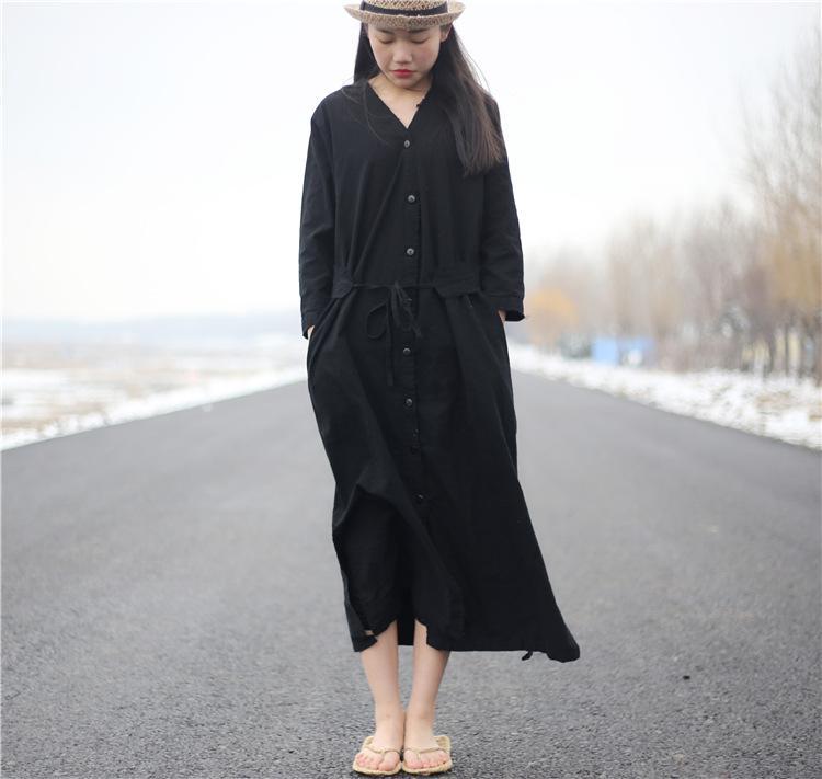 Buddha Trends Dress Black / One Size Vibrant Cotton and Linen Loose Shirt Dress