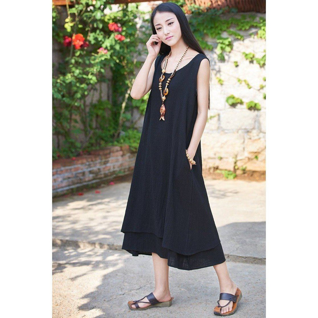 Buddha Trends Dress Black / S Casual Sleeveless Linen Dress  | Zen