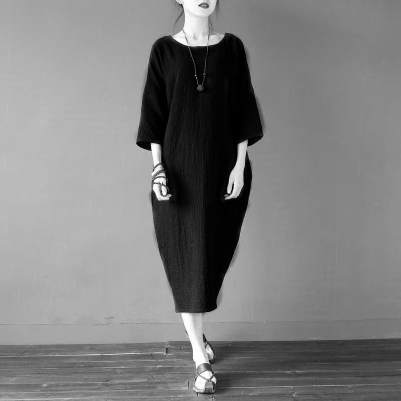 Buddha Trends Dress Black / XL O-Neck Midi Cotton Linen Dress | Lotus