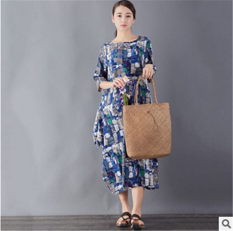 Buddha Trends Dress Blue Art Inspired Cotton and Linen Maxi Dress