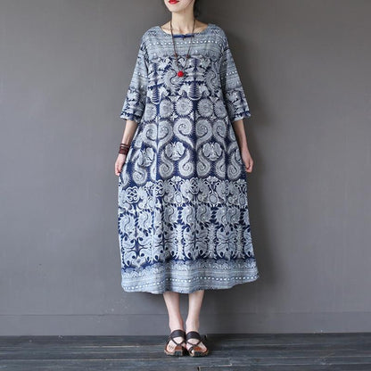 Buddha Trends Dress Blue / L Yin Yang Sun Cotton and Linen Dress