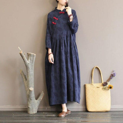 Buddha Trends Dress Blue / One Size Chinese Style Nature Inspired Midi Dress  | Zen