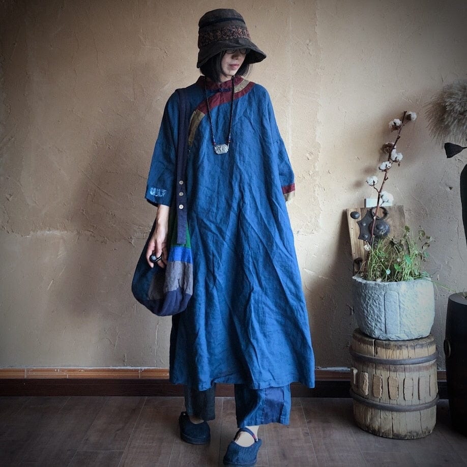 Buddha Trends Dress Blue / One Size Fall Vibes Patchwork Linen Dress | Hippie