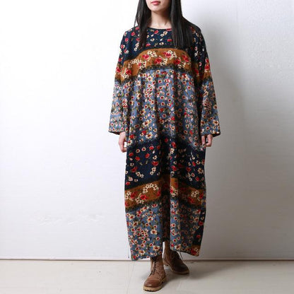 Buddha Trends Dress Blue / One Size Long Sleeve Floral Patchwork Robe