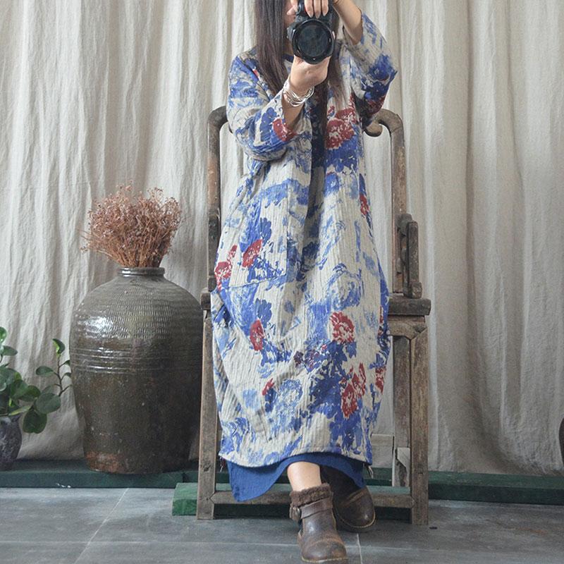 Buddha Trends Dress Blue / One Size National Chinese V-neck Cotton Linen Dress