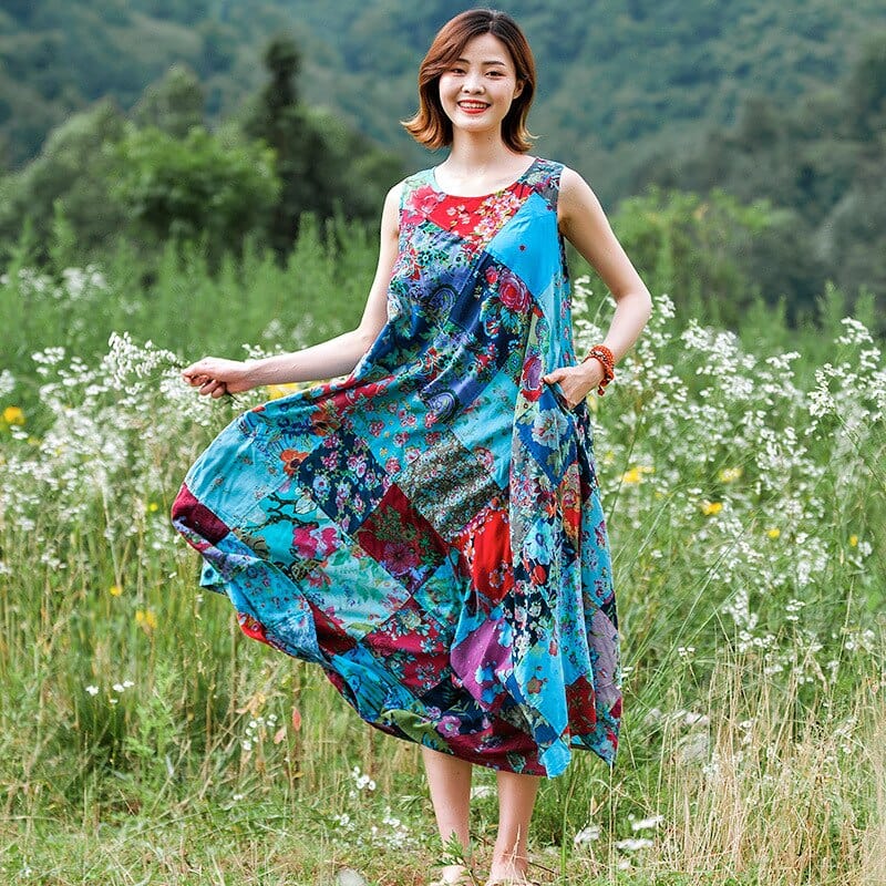 Buddha Trends Dress Blue / One Size Patchwork Colourful Cotton Hippie Dress