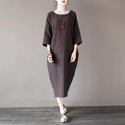 Buddha Trends Dress brown / XL O-Neck Midi Cotton Linen Dress | Lotus