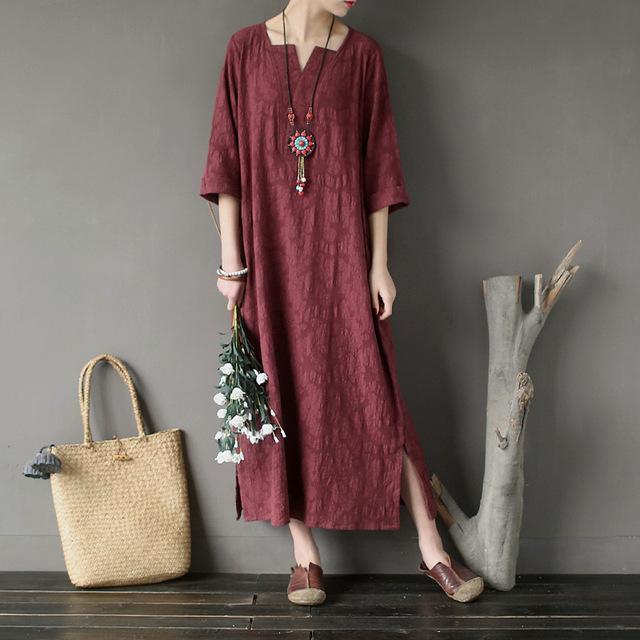 Buddha Trends Dress Burgundy / L Vintage Sweetheart Jacquard Loose Dress  | Zen