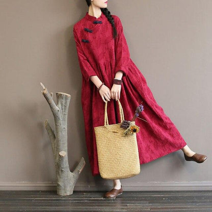 Buddha Trends Dress Burgundy / One Size Chinese Style Nature Inspired Midi Dress  | Zen