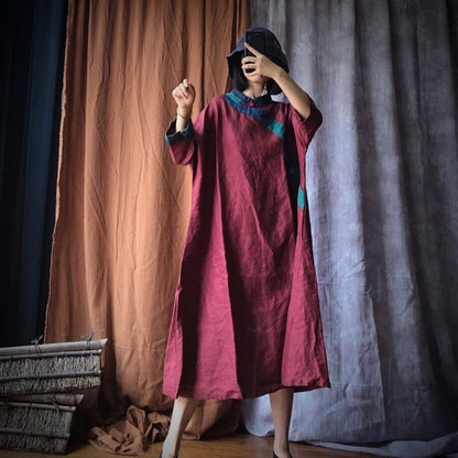 Buddha Trends Dress Burgundy / One Size Fall Vibes Patchwork Linen Dress | Hippie